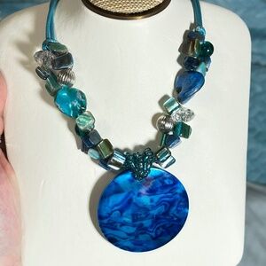 Large round Mother of Pearl in blue & silver w/MOP & beaded necklace/cord
